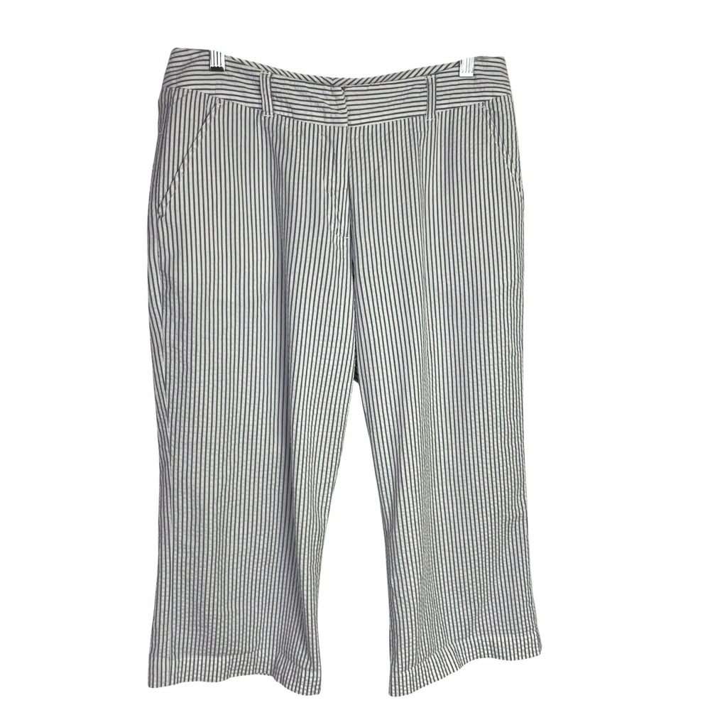 Garnet Hill Womens Cropped Seersucker Pants Size 10P Blue Stripe Wide Leg Preppy
